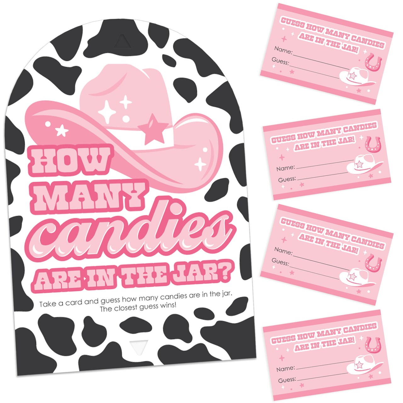 Big Dot of Happiness Rodeo Cowgirl - How Many Candies Pink Western Party Game - 1 Stand and 40 Cards - Candy Guessing Game